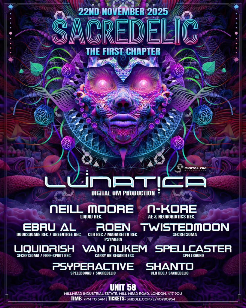 electronic music events London psy trance event Spacemonkeys UK trance event London Sacredelic psytrance event London Unit 58 psytrance party London November 2025