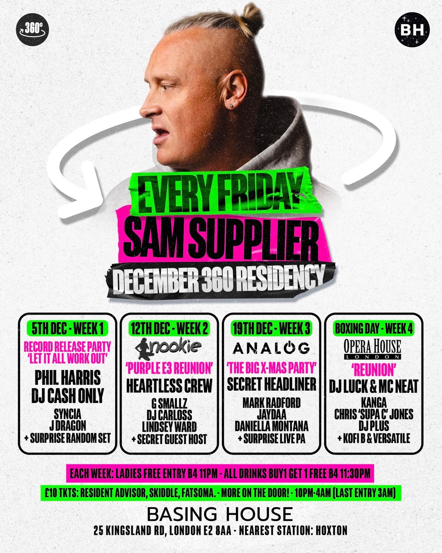 Event flyer for Sam Supplier at Basing House featuring Mark Radford and JAYDAA and more.