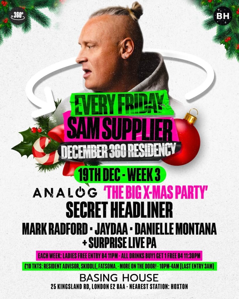 Event flyer for Sam Supplier at Basing House featuring Mark Radford and JAYDAA and more.