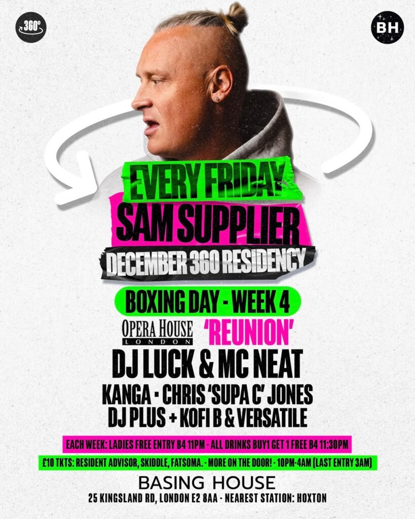 Event flyer for Sam Supplier at Basing House featuring dj luck and mc neat.